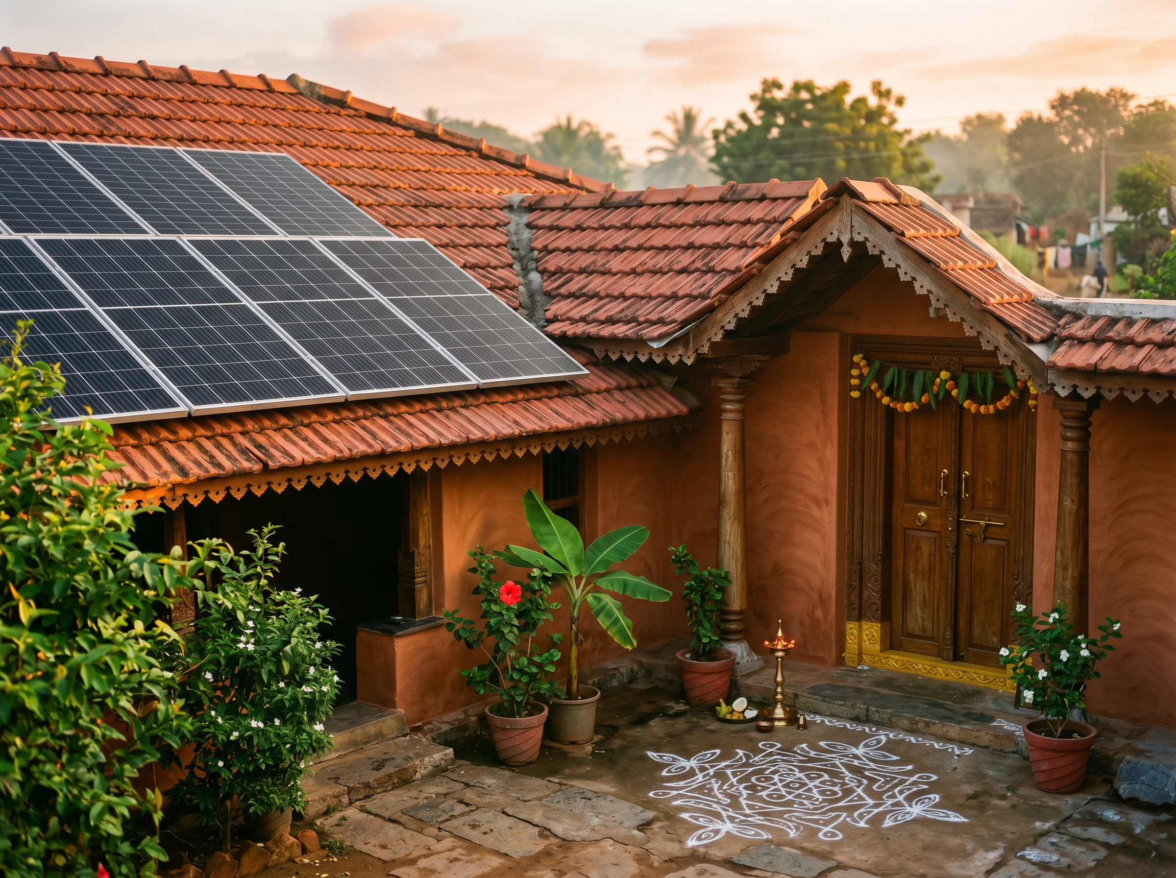 A Tamil home with a solar array at sunrise