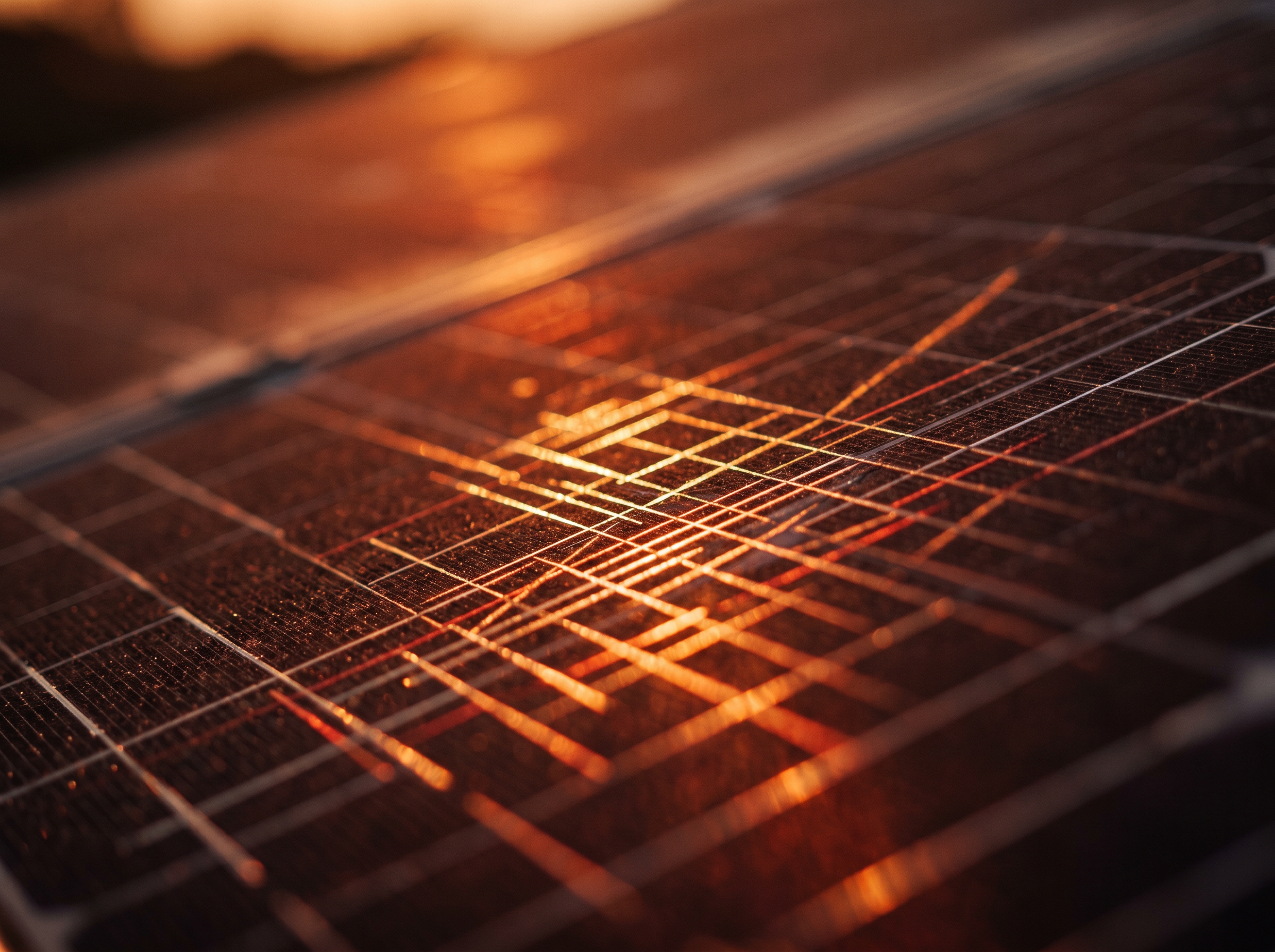 Solar panel surface catching sunrise light